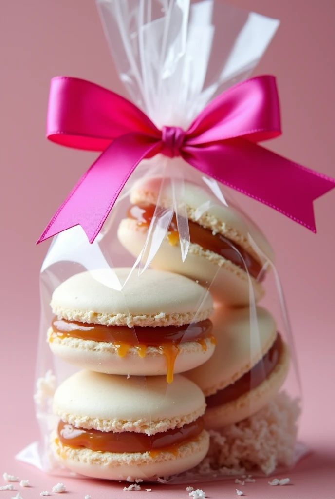 White alfajores with lots of caramel and coconut in a transparent bag with a pink bow