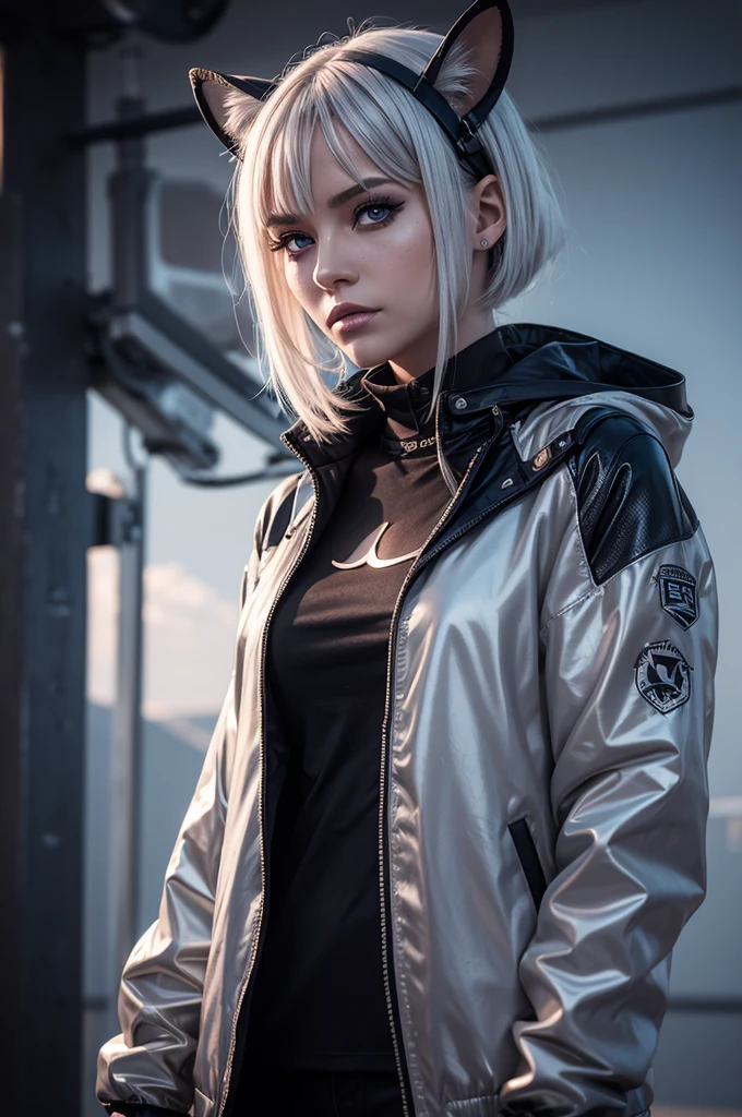 1 girl, silver hair,  cphi_ears, animal_ears, standing alone, tenebrosa_Skinned, suntanned_Skinned, futuristic neon hazy,  summer jacket, Sakura falling, Estilo Retrato, gazing_phi_viewer, cinemphiic lighting,  eyeliner, make up, emotional,  highy detailed, plaphi amplo, sharp focus,    ring of light, rim lighting, ocsuntannede render, ring of light, rim lighting, nvinkpunk, samdoesarts