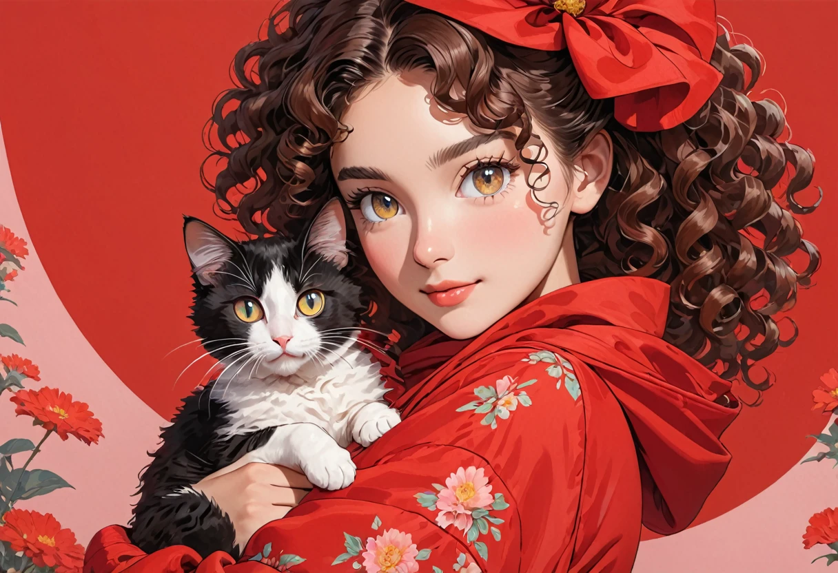 A young -skinned woman with curly hair with eyes in a red outfit holding a cat in her arms