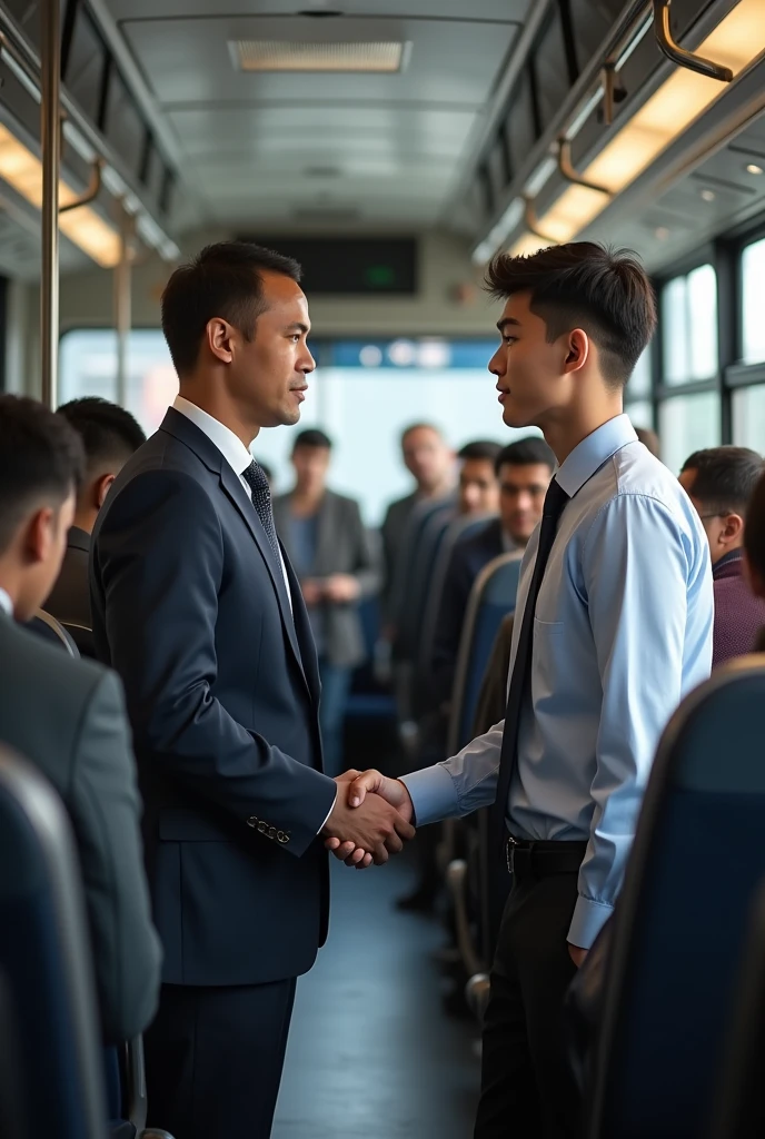 Adult office worker and young male student formally shake hands on the bus