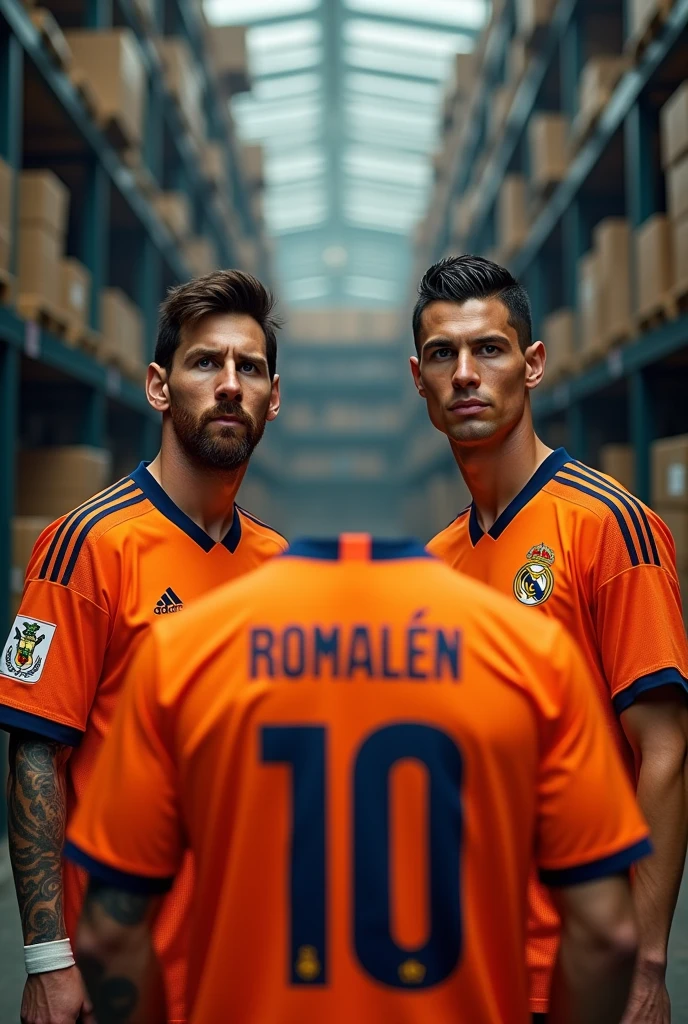 Messi and Cristiano Ronaldo together with an orange shirt that says Almacén FC and a forklift behind it