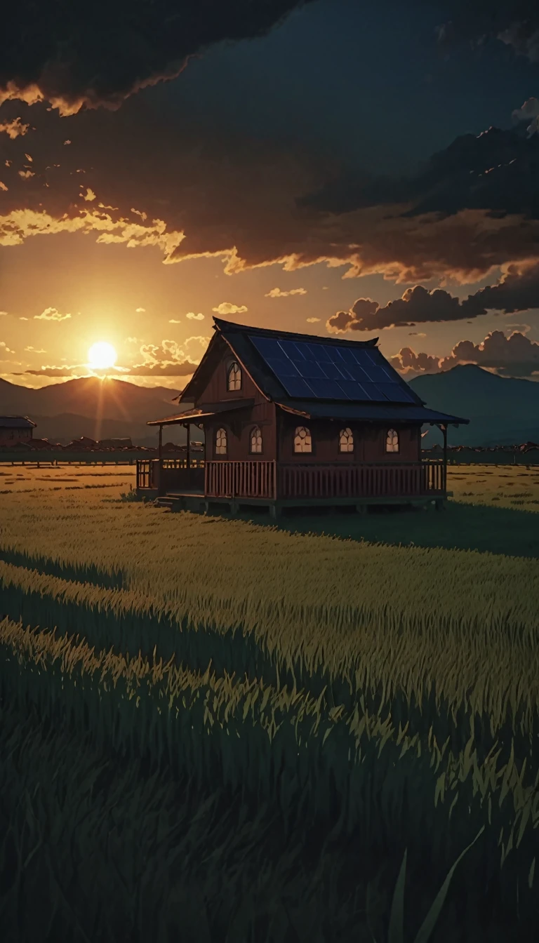 Masterpiece 8k Studio ghibli cabaña acogedoraMasterpiece 8k Studio ghibli cabaña acogedora A serene landscape of a grass field under a hellish sky with clouds. shadow, sunset natural light lighting!!!!! solar 8khdr!!!! shadow, sunset natural light lighting!!!!! noche media luna noche azulado acogedora increible 8khdr!!!!