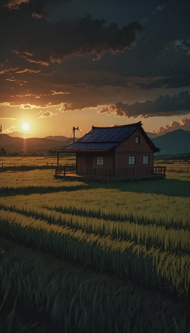 Masterpiece 8k Studio ghibli cabaña acogedoraMasterpiece 8k Studio ghibli cabaña acogedora A serene landscape of a grass field under a hellish sky with clouds. shadow, sunset natural light lighting!!!!! solar 8khdr!!!! shadow, sunset natural light lighting!!!!! noche media luna  noche azulado acogedora increible 8khdr!!!!