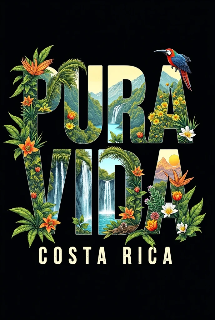 Image to print a shirt that says PURA VIDA but the background of the letter is representative animals of Costa Rica and below in a thinner and smaller letter that says Costa Rica( Landscapes and animals must be within the letters that say pure life, They cannot protrude or go beyond the edges of the letters and they have to be real.)
And I need the background of the image to be black, real landscapes and real animals