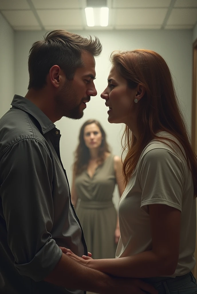 I would like to create an image of a couple in a marriage crisis and a couples speaker in the background with the message Be a couples speaker