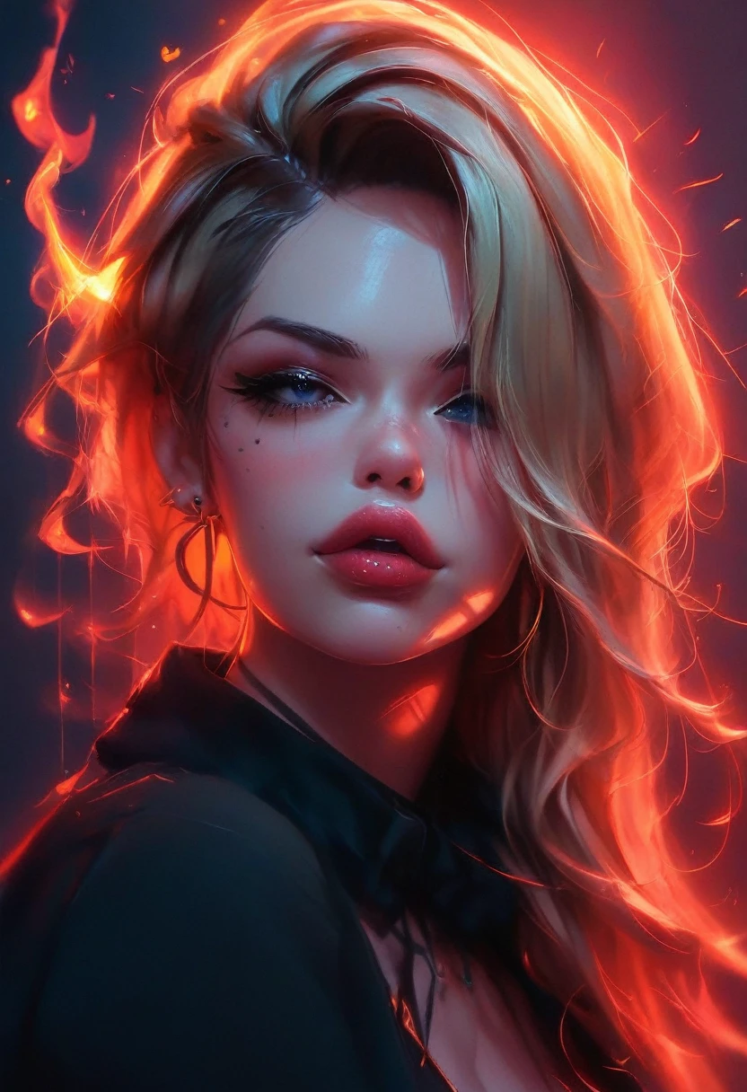 A character with an imposing and energetic appearance, wrapped in intense flames of vibrant colors ranging from orange to purple, creating a feeling of overwhelming power. His hair is white and messy, contrasting with a black mask covering his eyes, giving it an enigmatic and dangerous air. The character wears a dark tunic tied with a ribbon., while his body seems to emanate a fiery energy that distorts into chaotic patterns around him. The lines of fire and energy blend with your figure, highlighting his control over immense forces. The art style is colorful and dynamic, with thick strokes and fluid movements that convey a sense of action and supernatural power