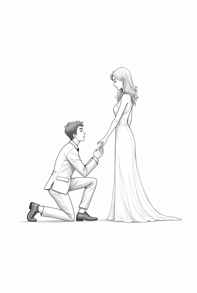 A wedding couple, man kneeling, woman in long dress, drawning, no back ground, drawning