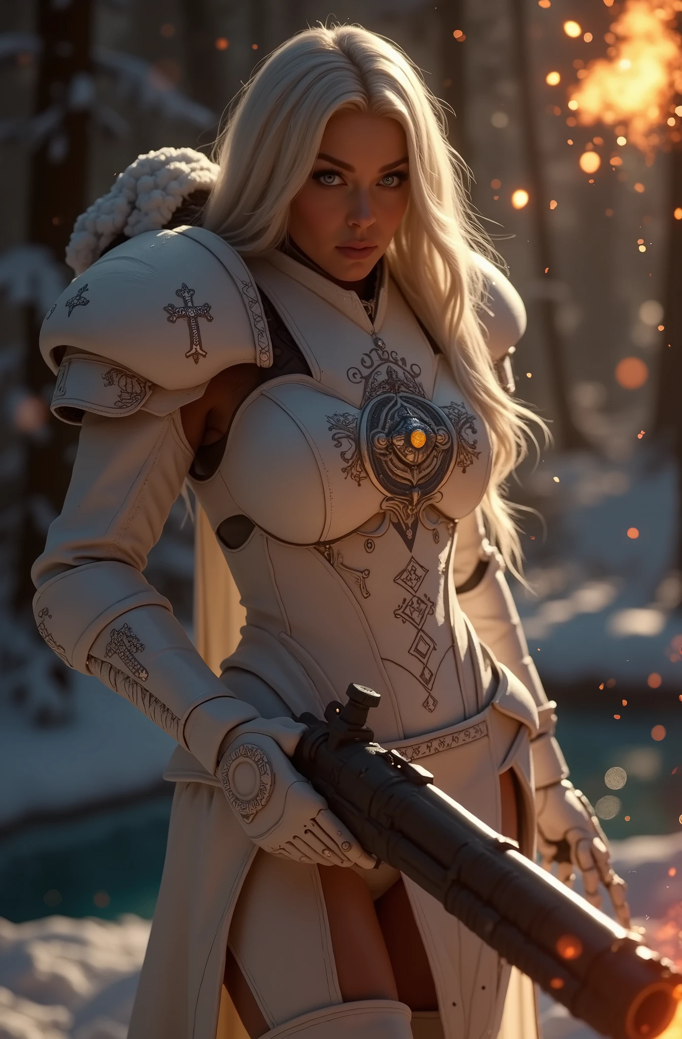 a beautiful woman with long platinum blonde hair, porcelain skin, ice blue eyes, sexy sisters of battle from the warhammer 40k, shooting at the enemy, rwhite space marine armor with intricate details, religous symbols on the armor, sisters of battle, warhammer 40k, Massive silicone breast, pale skin, seductive, temptation, eat your soul, clevage, , standing in a magical winter wonderland with snow-covered trees and frozen lakes, intricate ice crystals and snowflakes surrounding her, (best quality,4k,8k,highres,masterpiece:1.2),ultra-detailed,(realistic,photorealistic,photo-realistic:1.37),fantasy,digital art,cinematic lighting, highly detailed armor, intricate futuristic weaponry, gritty and realistic, mecha, science fiction, hyper-detailed, photorealistic, award winning digital art, 8k, HDR, masters work, in the middle of a battle field, full body combat action pose, explosions and fire around, full war, stunning, Stilleto heels, high heels, full body pose, cinematic, dust and debree, combat screams, attacking, shooting at the enemy, sisters of battle, warhammer 40kdramatic color palette,frozen landscape,ice powers,snow queen