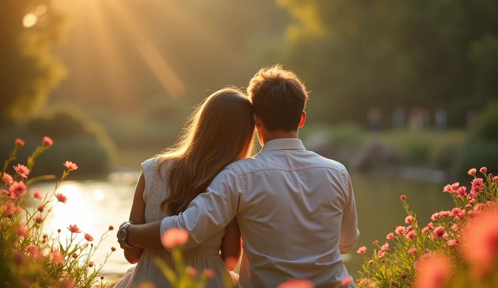 Um couple idoso, one man and one woman, front view, Traditional romance, surrounded by flowers, friendship, resting his head on the shoulder of , Tenderness, best friends, heartwarming, hugs, sitting in front of a pond, late afternoon sunlight, hugging, next, Beautiful photo, inspirational, precious moments, couple, hug, romantic couple, touching