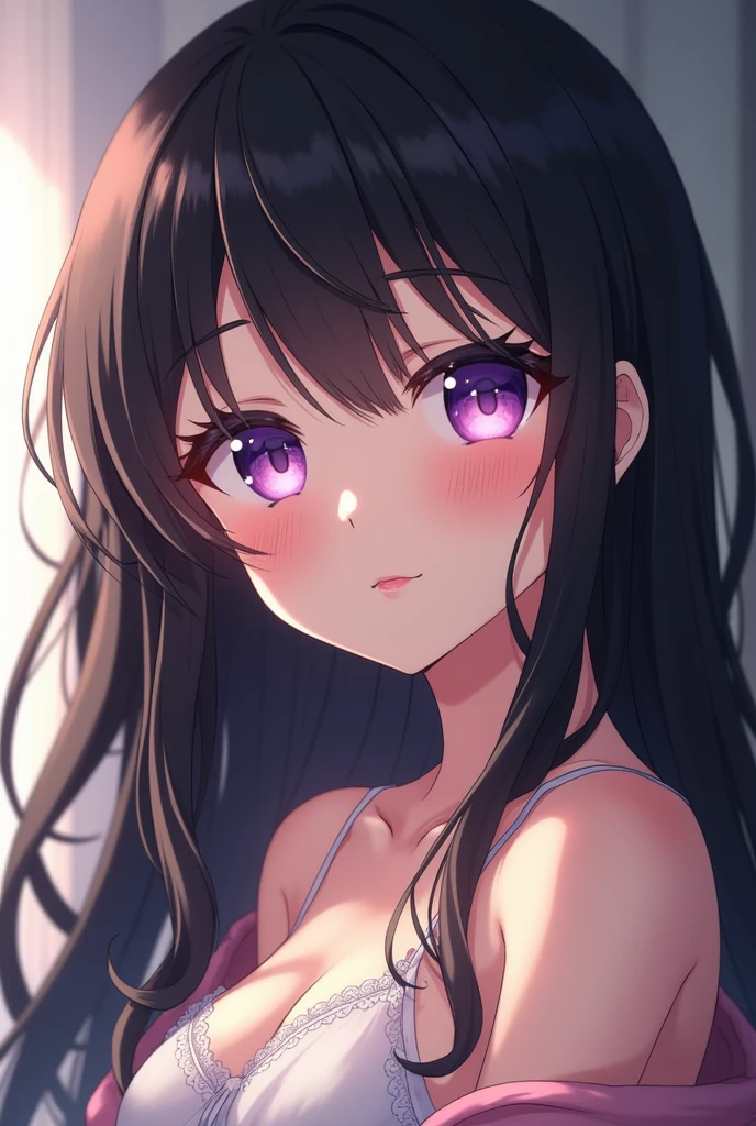 Gorgeous anime woman with long black hair,, purple eyes,, fair skin and rose colored lips. Casual clothing. , Realism style. 4K anime close up portrait.