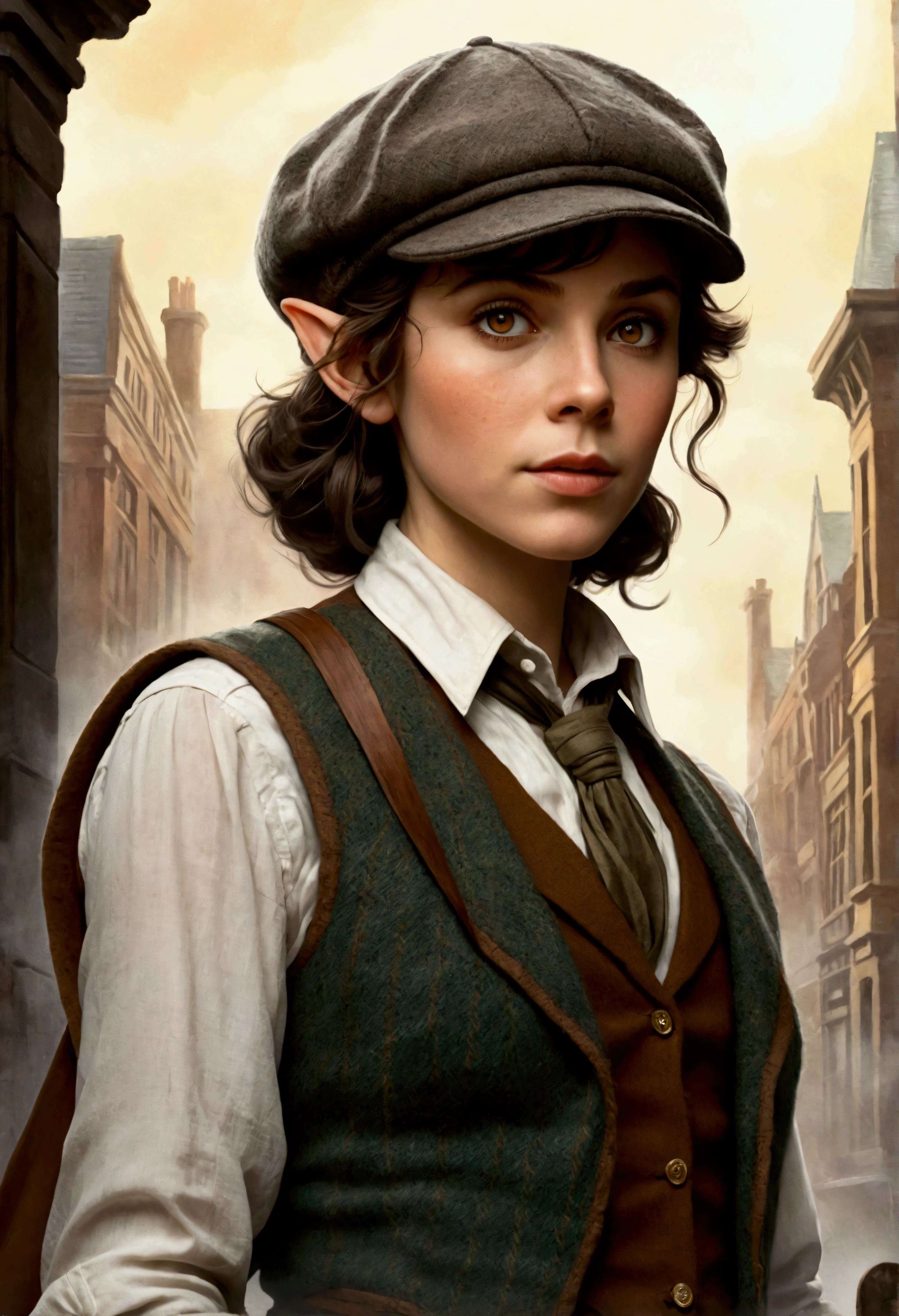 An illustrated movie poster, hand-drawn, full color, an elven maiden, wearing a tweed vest and a newsie cap, tall, toned, amazonian stature, athletic hourglass figure, long pointy elf ears, amber eyes, dark hair, shaggy bob cut, deep sun-tanned skintone, freckles, standing on a foggy Victorian-era street corner, graphite shading, stencil marks, airbrushed acrylic paint, masterpiece, in the style of Sherlock Holmes, elf ears