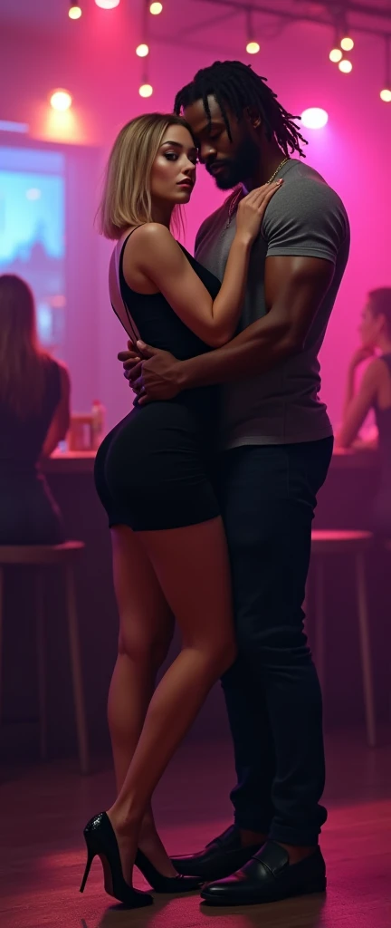 (Photorealsitic:1.4), (masterpiece:1.3), (top-quality:1.4), ((ultrarealistic)), HD 8k,  (Sharp focus: 1.2), (Focus on the face:1.4), 
well proportioned full body of 
Claire ((shy innocent and little 24 years woman) and 
Tyron ((big over muscular ) and dominant black man 30 years ),
Claire with bright expression, (extremely beautiful: 1.2), amazing beautiful, extraordinary beautiful, Detailed cute femenine and beautiful face, Detailed facial features ,Perfect Style, Beautiful Face, Anatomically correct, Highly detailed face and skin texture,  Natural Cheeks, Glowing white skin, Fair skin: 1.3, (Glossy Lips: 1.4), Attractive light and dark platinum blonde short straight silky hainer hair, Attractive glowing beautiful bright clear light blue big naive  eyes, double eyelids, fine little sensual nose, femenine little mouth with big full red pucky lips, thin chin,  freckles, narrow long neck, femenine narrow shoulders, detailed eyes and face, long eyelashes, elegant lady, graceful sexy pose, Glowing white shiny skin, subtle makeup, extremely  beautyful tonned  legs, extremely nice perky ass, narrow waist, defined and toned belly. sexy hips,, full Lush bust, 
Tyron is a dangerous man, handsome and extremely masculine, (strong and muscular legs chest and arms), wide shoulders, powerful jaw, detailed medium dreadlocks, (clean face without beard: 1.1), 
(cozy night dance club ), [background], 
alternative vibe,vibrant lighting, high contrast,dramatic shadows,highly detailed,detailed skin,depth of field,dynamic angle, 
Claire is wearing a ((knee length) black elegant dress) matching detailed hig heels, 
Tyron is wearing a gray lycra tight t-shirt showing his muscles,
(Claire  is dancing, Tyron behind her holding her waist and people around, Claire looking at viewer and Tyron at her back  looking her hips: 1.2),
full body view, desire look, (complete full body view: 1.0) , detailed skin, detailed lips.