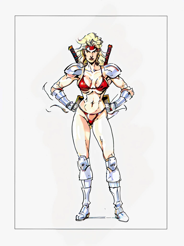 warrioress,blonde,red boots,red bikini red shoulder pads,karate headband,two swords on the back, high resolution, precise, best qualityer, 