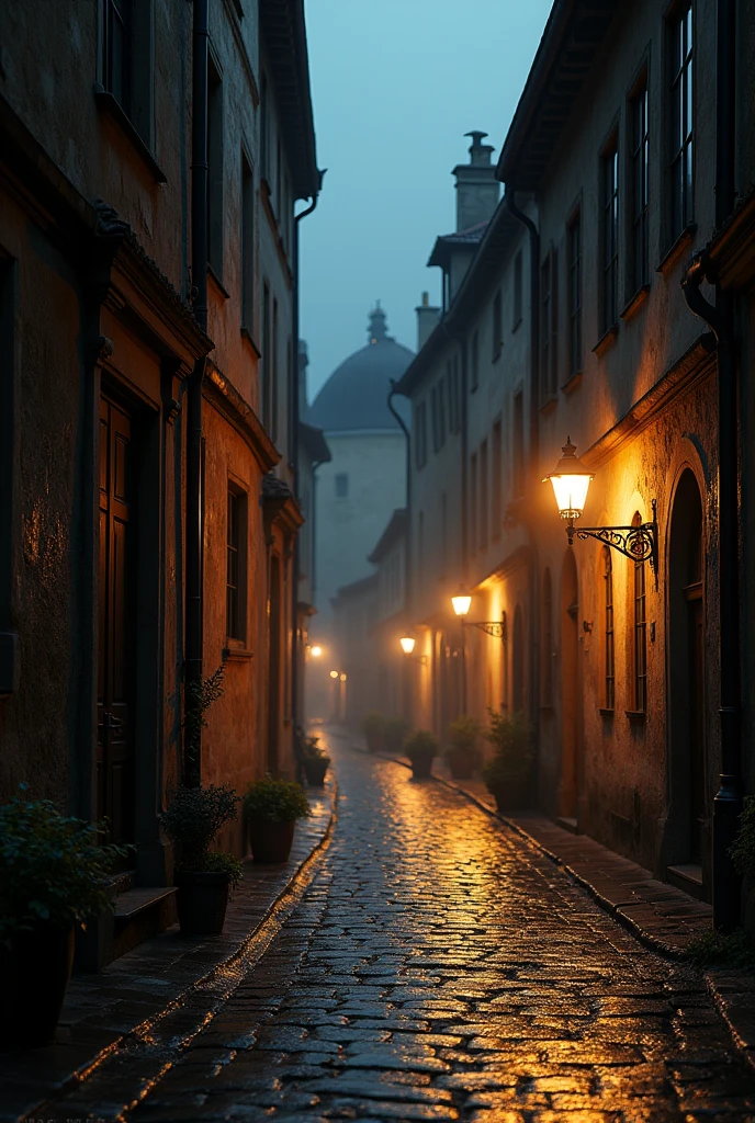 Narrow cobblestone street wet from rain next to tall old houses with black streetlights at night in Europe