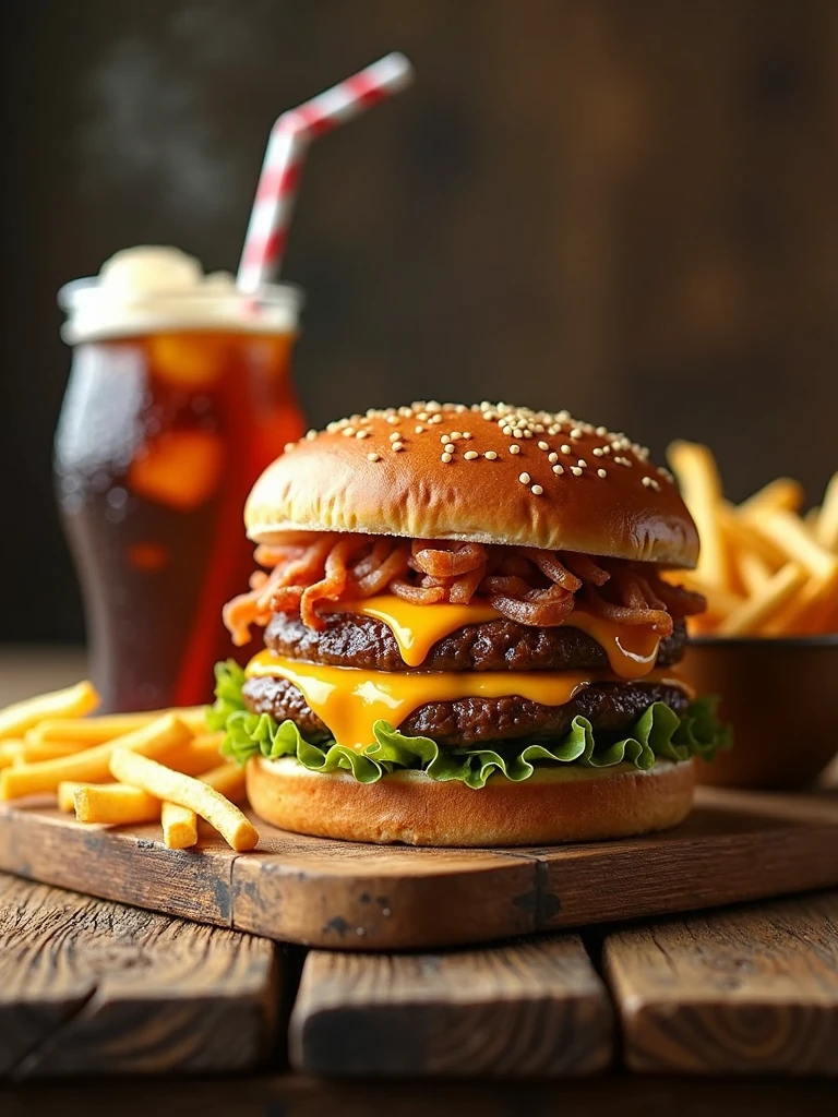 burger, soda and fries combo with cheddar on the table
