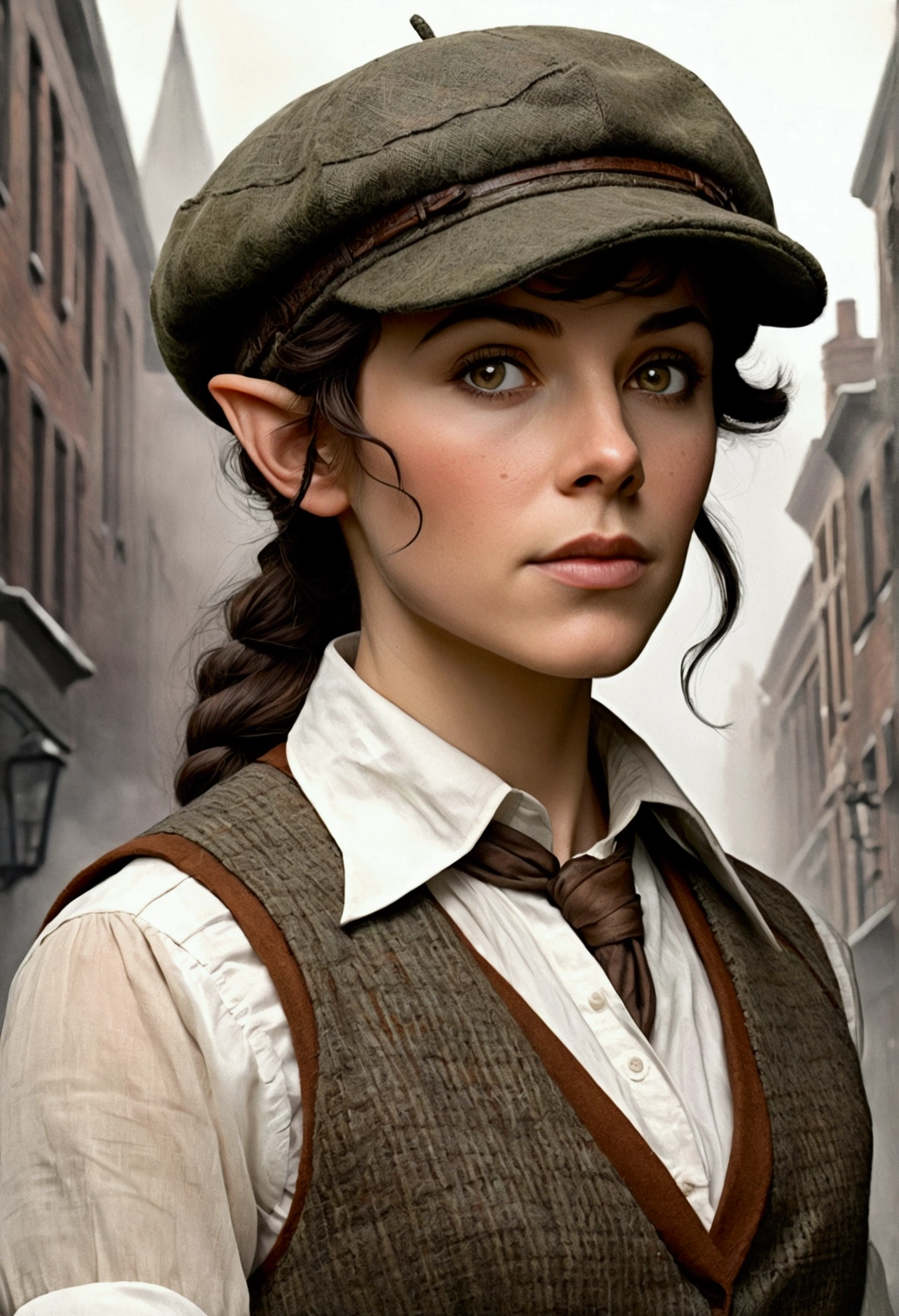An illustrated movie poster, hand-drawn, full color, an elven maiden, wearing a tweed vest and a newsie cap, tall, toned, amazonian stature, athletic hourglass figure, long pointy elf ears, hazel eyes, dark hair, shaggy bob cut, deep sun-tanned skintone, freckles, standing on a foggy Victorian-era street corner, graphite shading, stencil marks, airbrushed acrylic paint, masterpiece, in the style of Sherlock Holmes, elf ears