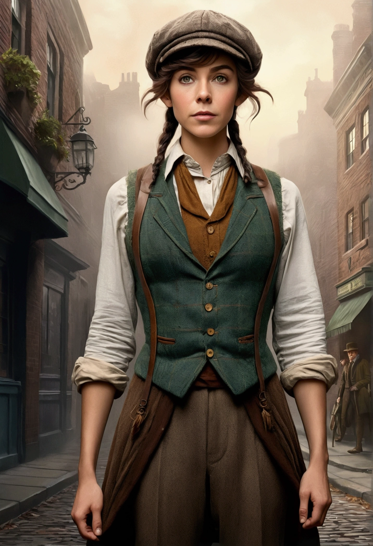 An illustrated movie poster, hand-drawn, full color, an elven maiden, wearing a tweed vest and a newsie cap, tall, toned, amazonian stature, athletic hourglass figure, long pointy elf ears, hazel eyes, dark hair, shaggy bob cut, deep sun-tanned skintone, freckles, standing on a foggy Victorian-era street corner, graphite shading, stencil marks, airbrushed acrylic paint, masterpiece, in the style of Sherlock Holmes, elf ears
