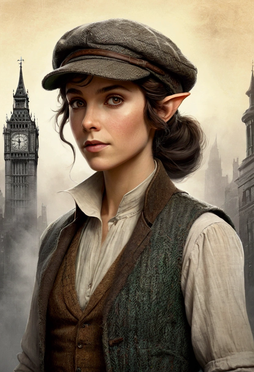 An illustrated movie poster, hand-drawn, full color, an elven maiden, wearing a tweed vest and a newsie cap, tall, toned, amazonian stature, athletic hourglass figure, long pointy elf ears, hazel eyes, dark hair, shaggy bob cut, deep sun-tanned skintone, freckles, standing on a foggy Victorian-era street corner, graphite shading, stencil marks, airbrushed acrylic paint, masterpiece, in the style of Sherlock Holmes, elf ears