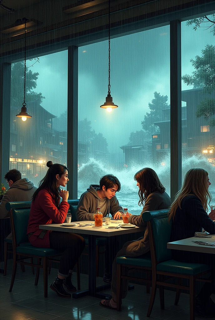 bottom: A restaurant with large windows showing pouring rain and strong wind. inside, The atmosphere is hectic with messy tables and flickering lights..
people: Customers and restaurant staff visibly upset, with expressions of concern. Windows and furniture should show signs of the storm outside.