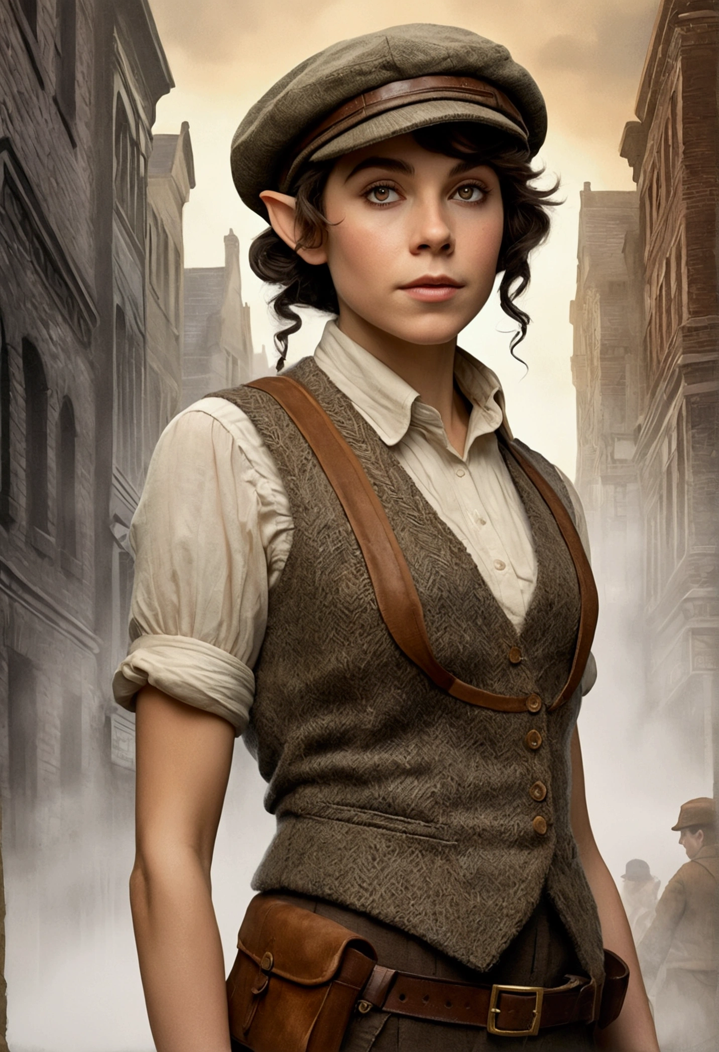 An illustrated movie poster, hand-drawn, full color, an elven maiden, wearing a tweed vest and a newsie cap, tall, toned, amazonian stature, athletic hourglass figure, long pointy elf ears, hazel eyes, dark hair, shaggy bob cut, deep sun-tanned skintone, freckles, standing on a foggy Victorian-era street corner, graphite shading, stencil marks, airbrushed acrylic paint, masterpiece, in the style of Sherlock Holmes, elf ears