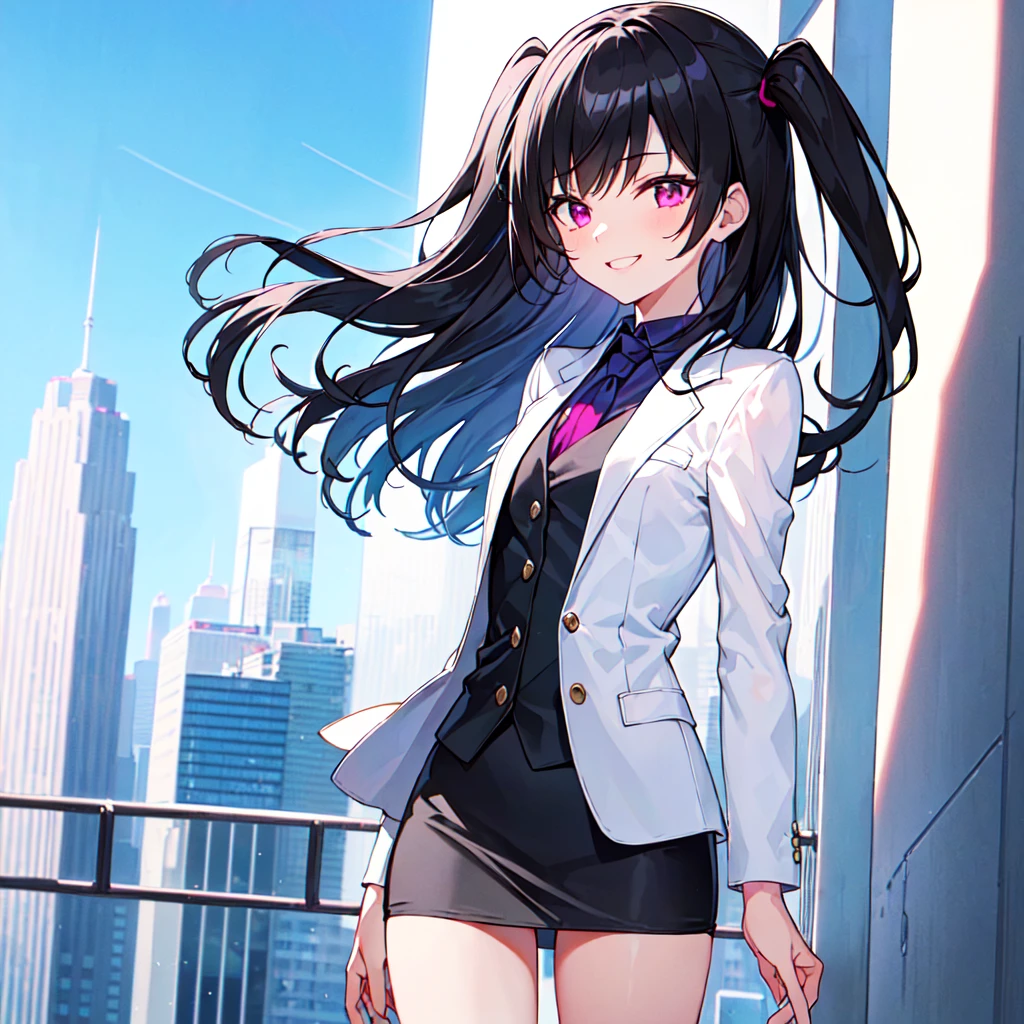 masterpiece, best quality, high quality, extremely detailed, very delicate and beautiful, (1 female 1 solo:1.5), (two side up long black hair:1.5), bangs to eyebrows, eyes sharp and bright (eye color magenta:1.3), 6.5 head height, (office lady in black suit and tight mini skirt:1.3), (knee socks), (lace), (standing), (dynamic pose), (smiling), (background skyscraper rooftop:1.3), (blue sky:1.3), (upper body:1.3)