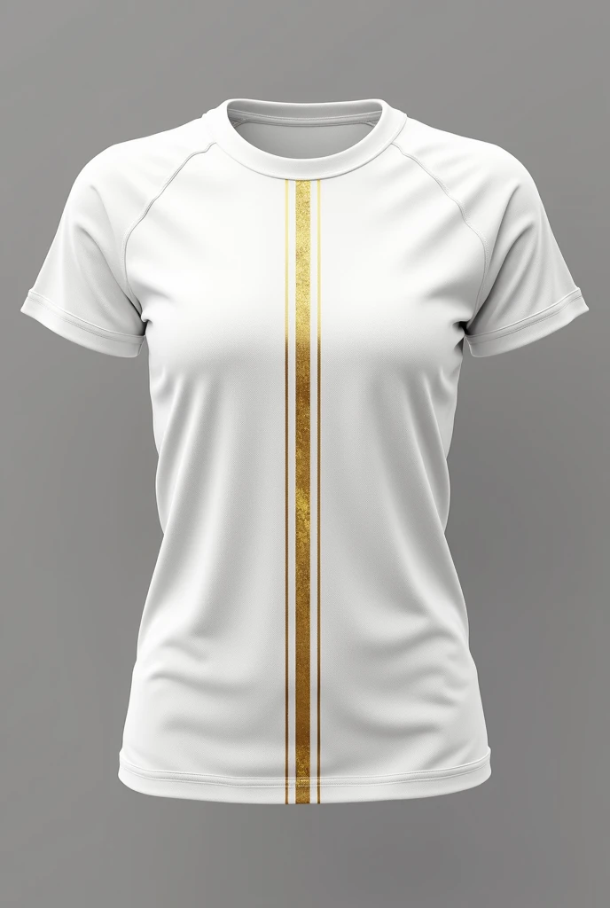 Mockup of a white and gold sports t-shirt, with ornaments in a vertical line in the center, the textured white part