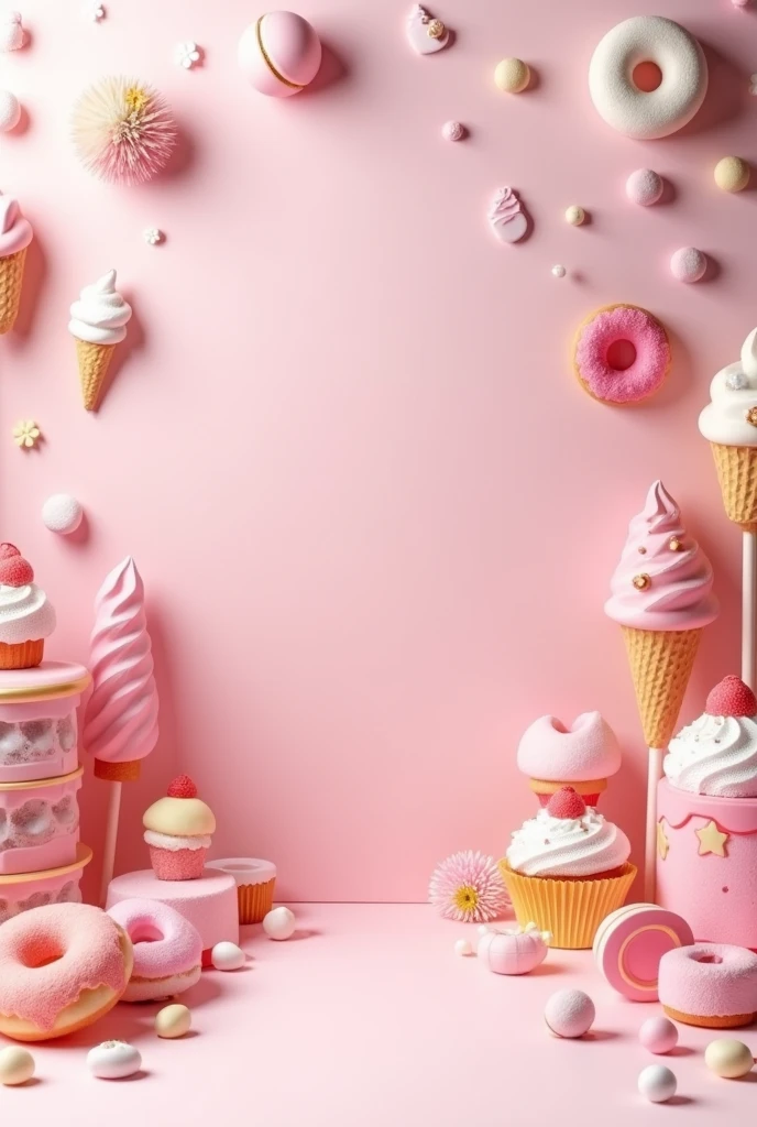 I want to create a photo scenario. Closed location with photo backdrop for a children's clothing campaign. Light candy pink wall with candy decoration. Donuts, cupcake, candies, lollipops, ice creams. The decoration is very playful and fun, with soft and light colors.
Very light colors, mais cor baby