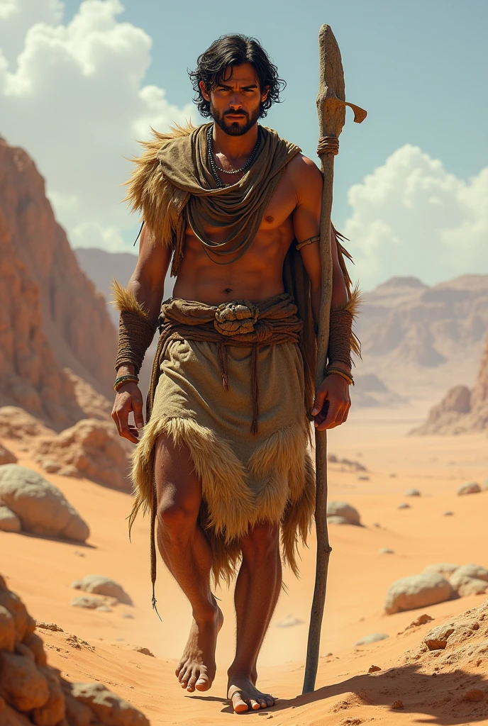 30 year old young man, with animal skin dress, walking in the desert with a staff in his hand