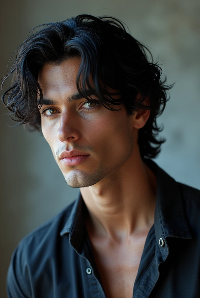 man who is 20 years old, White race, Masculine traits, The most handsome man, jet black long hair, hunting amethyst eyes, angel beauty, angel, hunting eyes, hot body, sexy, passionate