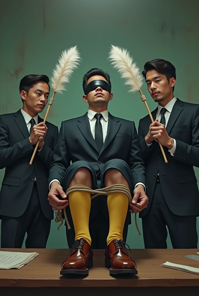 Malaysia malay handsome 23 years lawyer
His hand tied up  in warehouse 
Blindfolded
Hand handcuff
Formal Outfit
feet on desk
feather duster
shoes on desk 
5 toes each feet 
Yellow sock
2 man holding feather  duster tickle his feet
