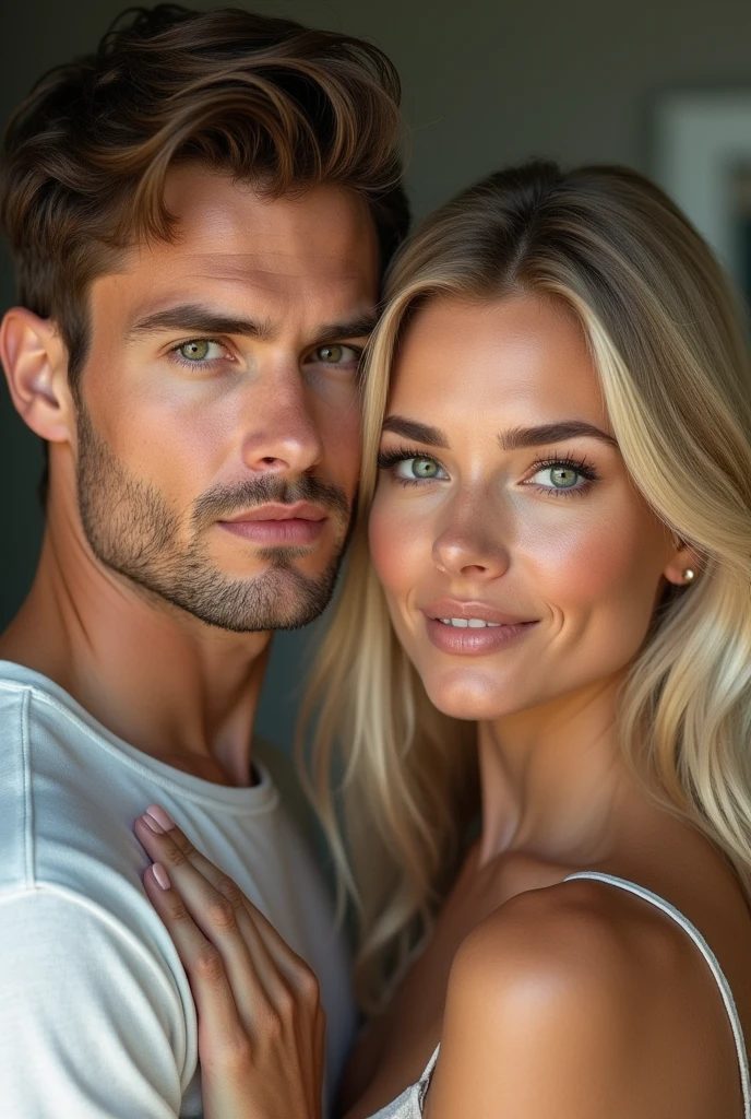 (Photorealism:1.1) a couple man brown hair and brown eyes together with a woman blonde green eyes long hair 8k ultra realistic super detailed