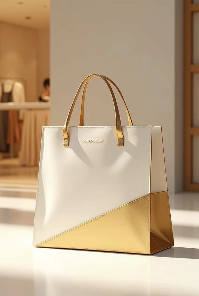 Create an image post of a gleaming shopping bag in golden, white and beige tones, symbolizing luxury, craftsmanship and innovation. The shoping bag should be prominently featured against a minimalistic background, conveying a sense of anticipation and excitement. Include subtle hints of a shop or storefront in the background to suggest that we will soon be opening a store. Overall, the image should evoke a feeling of quality and readiness, inviting our audience to look forward to our upcoming launch