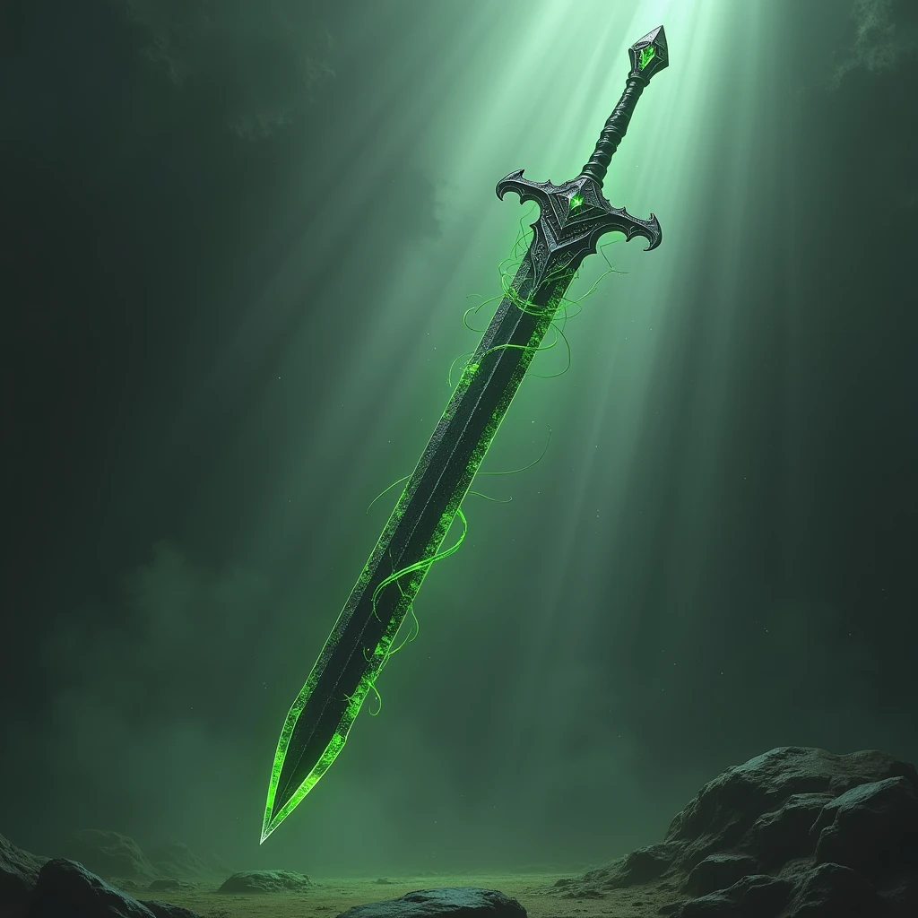 hyperrealistic, a long sword with the blade of black obsidian, the green tip of toxic venom, floating in the air, a shadow swirling around the sword
