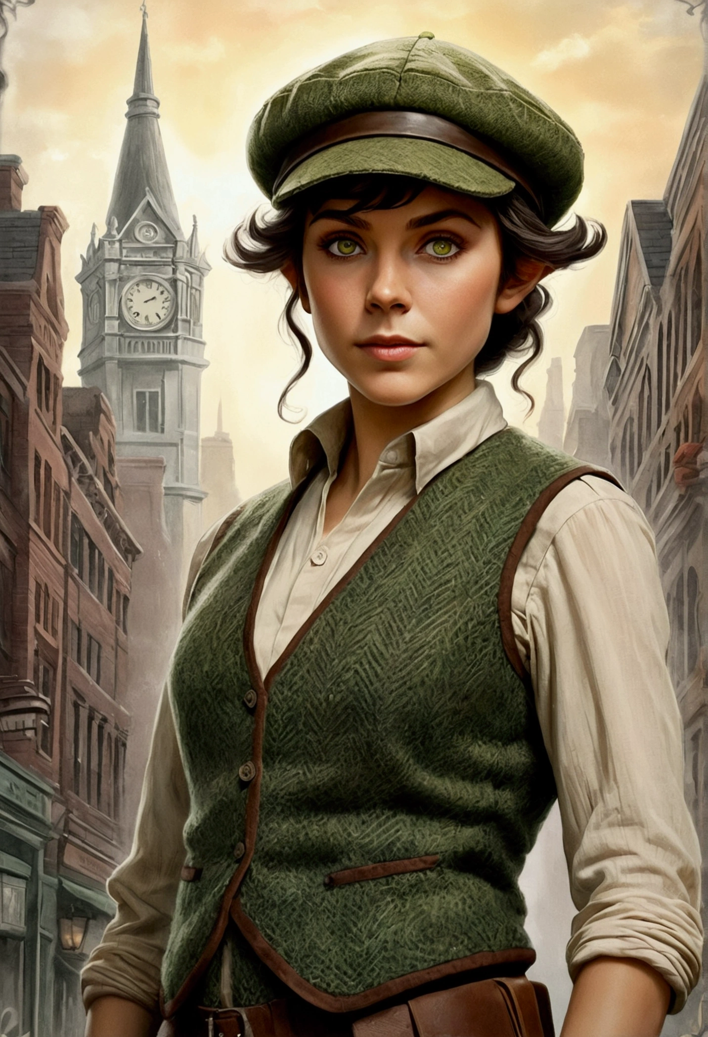 An illustrated movie poster, hand-drawn, full color, an elven maiden, wearing a tweed vest and a newsie cap, tall, toned, amazonian stature, athletic hourglass figure, long pointy elf ears, peridot eyes, dark hair, shaggy bob cut, deep sun-tanned skintone, freckles, standing on a foggy Victorian-era street corner, graphite shading, stencil marks, airbrushed acrylic paint, masterpiece, in the style of Sherlock Holmes, elf ears