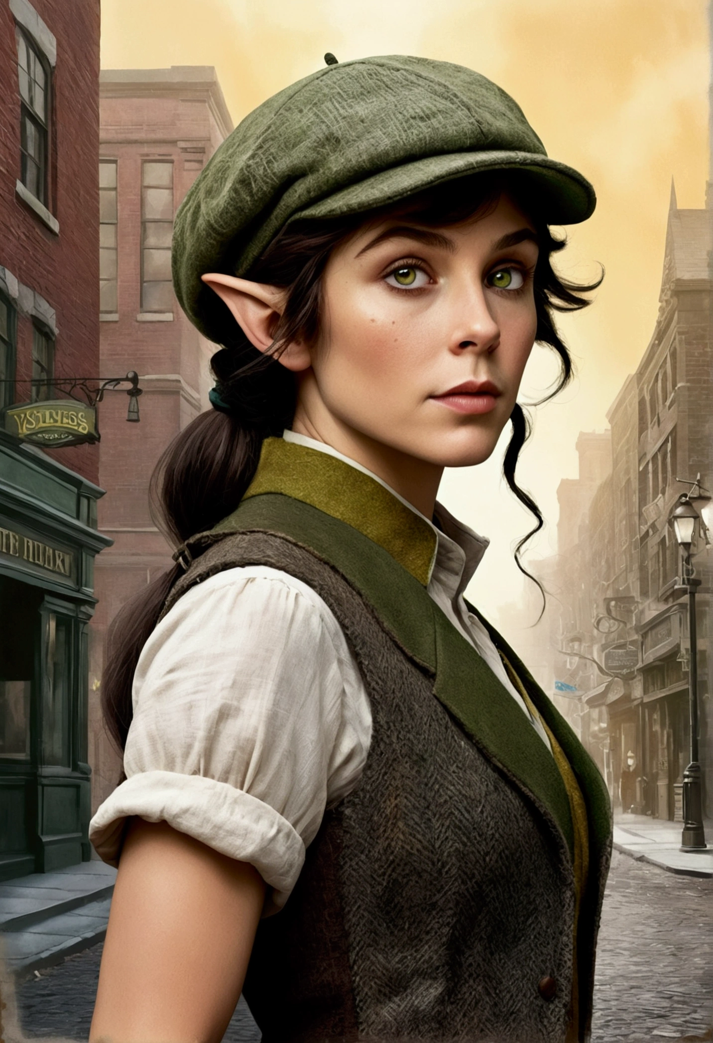 An illustrated movie poster, hand-drawn, full color, an elven maiden, wearing a tweed vest and a newsie cap, tall, toned, amazonian stature, athletic hourglass figure, long pointy elf ears, peridot eyes, dark hair, shaggy bob cut, deep sun-tanned skintone, freckles, standing on a foggy Victorian-era street corner, graphite shading, stencil marks, airbrushed acrylic paint, masterpiece, in the style of Sherlock Holmes, elf ears