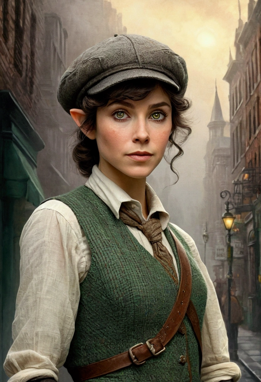 An illustrated movie poster, hand-drawn, full color, an elven maiden, wearing a tweed vest and a newsie cap, tall, toned, amazonian stature, athletic hourglass figure, long pointy elf ears, peridot eyes, dark hair, shaggy bob cut, deep sun-tanned skintone, freckles, standing on a foggy Victorian-era street corner, graphite shading, stencil marks, airbrushed acrylic paint, masterpiece, in the style of Sherlock Holmes, elf ears
