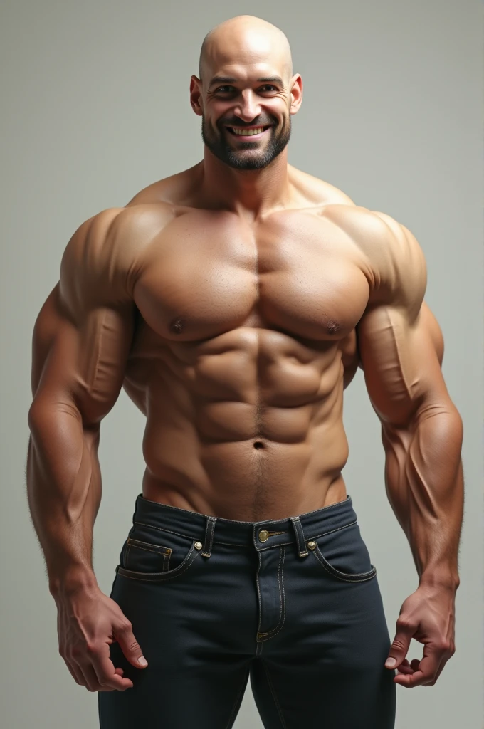 A photography hyper realistic image of an extremely handsome, strong, bald, muscular naked man with large pecs and abs with with Huge Erect Penis, smiling in a symmetrical design. --ar 73:128