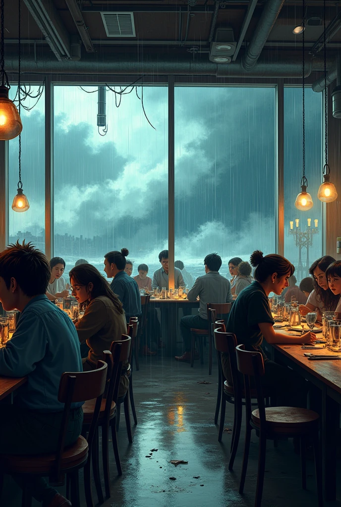 bottom: A restaurant with large windows showing pouring rain and strong wind. inside, The atmosphere is hectic with messy tables and flickering lights..
people: Customers and restaurant staff visibly upset, with expressions of concern. Windows and furniture should show signs of the storm outside.