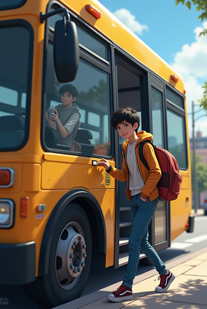 young student gets off the bus