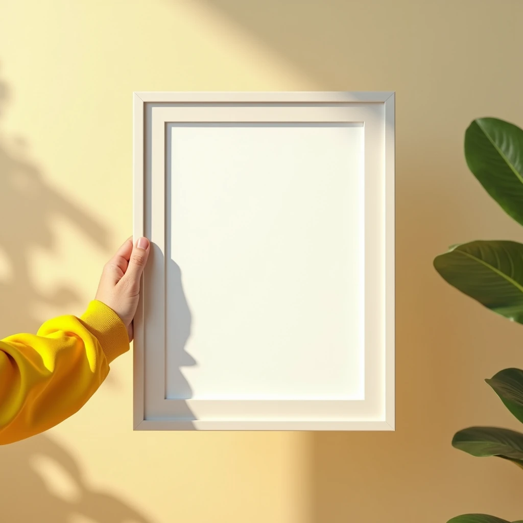 A hyper-realistic HDR scene capturing a bright and cheerful moment as a person carefully holds a vertical DIN A frame with a blank canvas (no design) and a sleek white border. The frame is positioned in front of a light-colored wall, where soft sunlight casts gentle shadows, creating a lively and warm atmosphere. The person is wearing a vibrant yellow sleeve, adding a pop of color to the scene. The overall setting is cozy and inviting, with attention to detail in the lighting and textures, highlighting the blank frame in a dynamic and joyful environment.