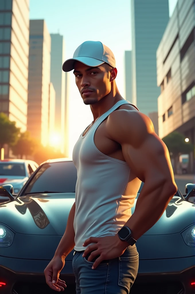 A man wearing white cap and with tank top is giving a pose with a sports car. 