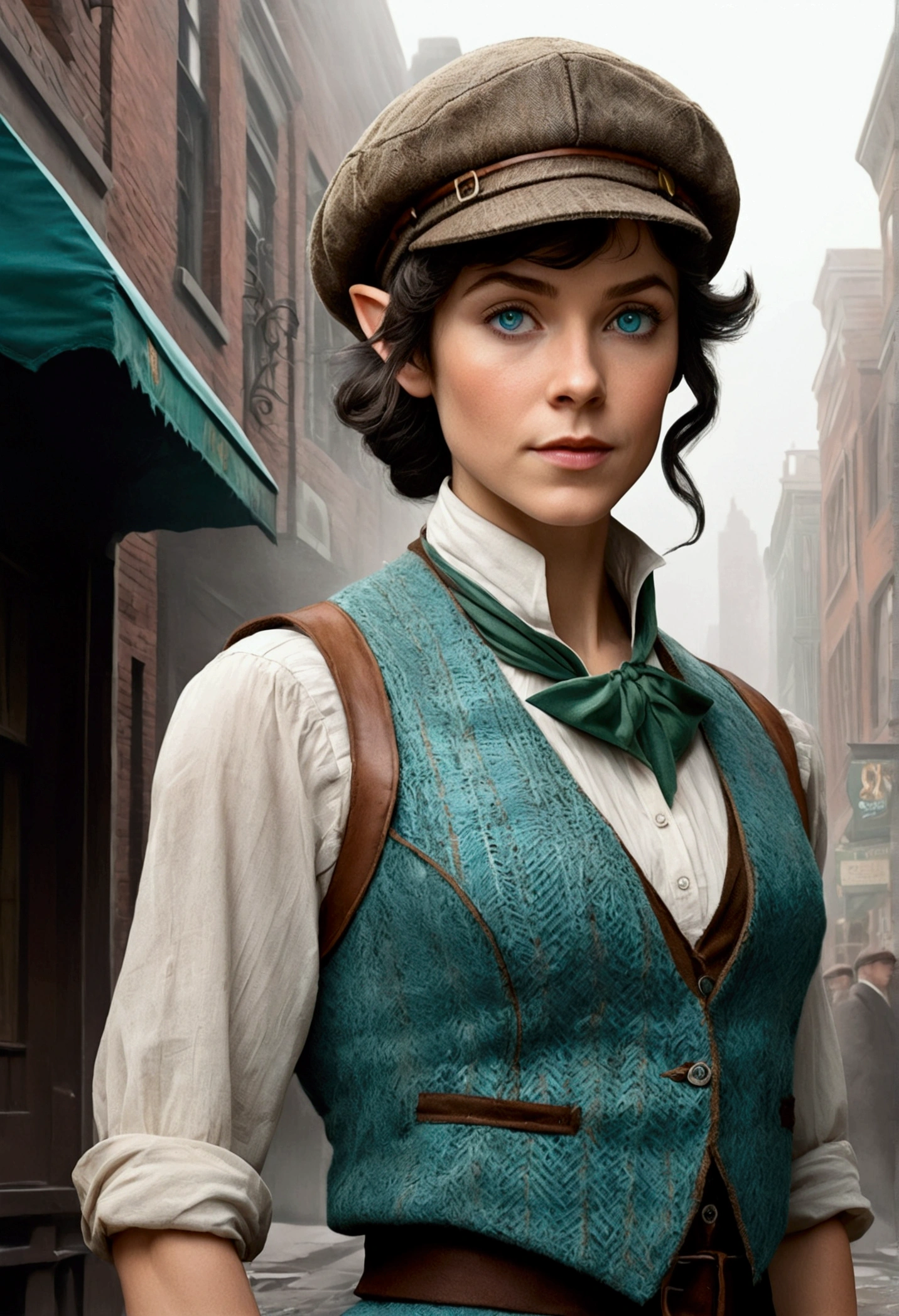 An illustrated movie poster, hand-drawn, full color, an elven maiden, wearing a tweed vest and a newsie cap, tall, toned, amazonian stature, athletic hourglass figure, long pointy elf ears, cyan eyes, dark hair, shaggy bob cut, deep sun-tanned skintone, freckles, standing on a foggy Victorian-era street corner, graphite shading, stencil marks, airbrushed acrylic paint, masterpiece, in the style of Sherlock Holmes, elf ears