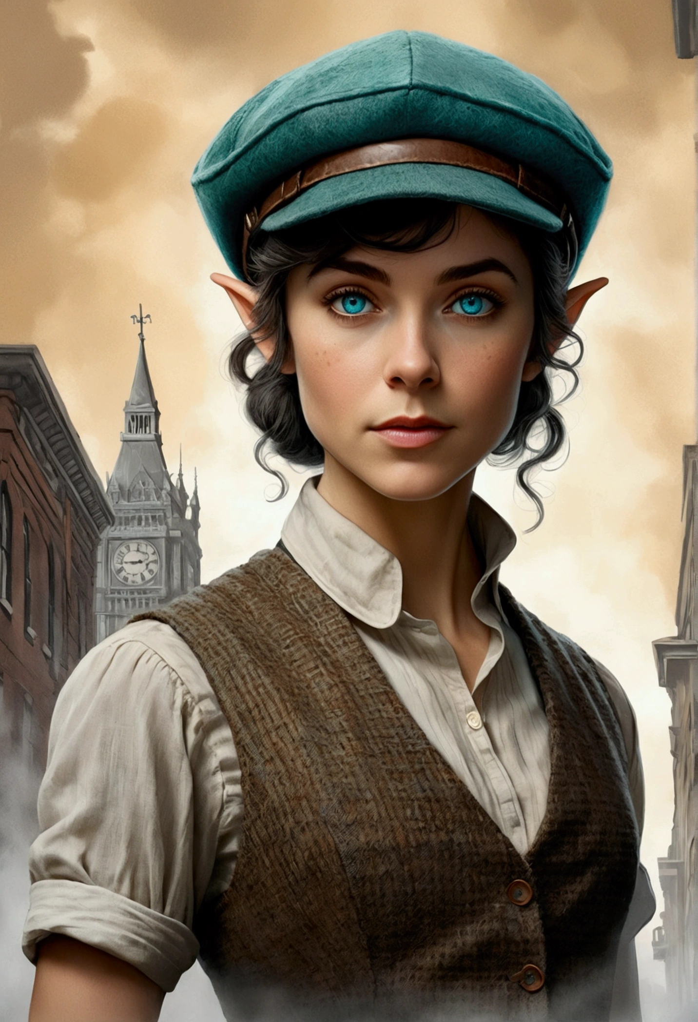 An illustrated movie poster, hand-drawn, full color, an elven maiden, wearing a tweed vest and a newsie cap, tall, toned, amazonian stature, athletic hourglass figure, long pointy elf ears, cyan eyes, dark hair, shaggy bob cut, deep sun-tanned skintone, freckles, standing on a foggy Victorian-era street corner, graphite shading, stencil marks, airbrushed acrylic paint, masterpiece, in the style of Sherlock Holmes, elf ears