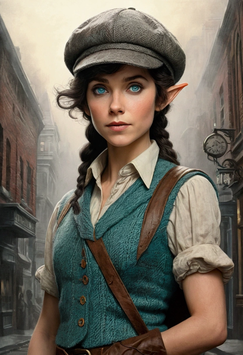 An illustrated movie poster, hand-drawn, full color, an elven maiden, wearing a tweed vest and a newsie cap, tall, toned, amazonian stature, athletic hourglass figure, long pointy elf ears, cyan eyes, dark hair, shaggy bob cut, deep sun-tanned skintone, freckles, standing on a foggy Victorian-era street corner, graphite shading, stencil marks, airbrushed acrylic paint, masterpiece, in the style of Sherlock Holmes, elf ears