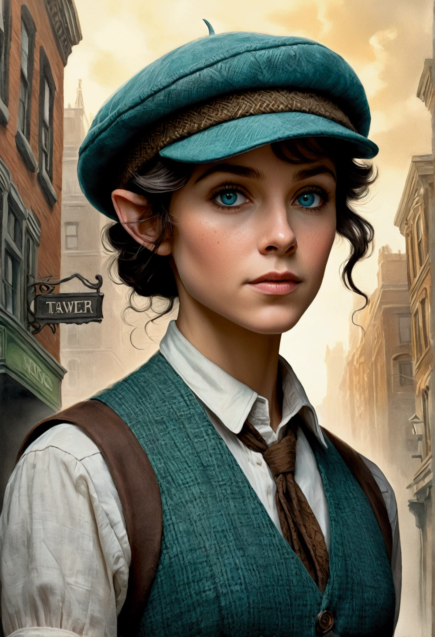 An illustrated movie poster, hand-drawn, full color, an elven maiden, wearing a tweed vest and a newsie cap, tall, toned, amazonian stature, athletic hourglass figure, long pointy elf ears, cyan eyes, dark hair, shaggy bob cut, deep sun-tanned skintone, freckles, standing on a foggy Victorian-era street corner, graphite shading, stencil marks, airbrushed acrylic paint, masterpiece, in the style of Sherlock Holmes, elf ears
