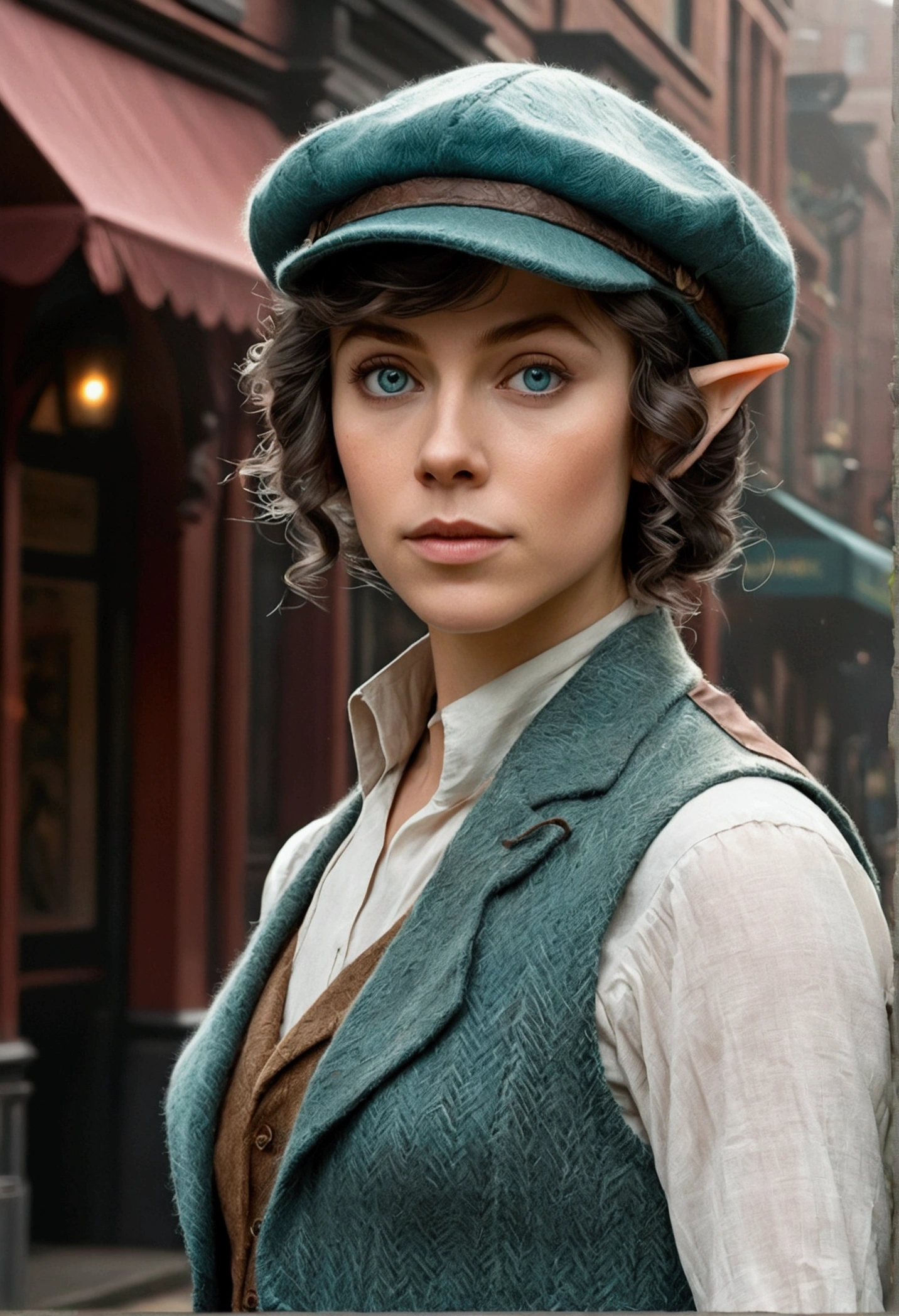 An illustrated movie poster, hand-drawn, full color, an elven maiden, wearing a tweed vest and a newsie cap, tall, toned, amazonian stature, athletic hourglass figure, long pointy elf ears, cyan eyes, dark hair, shaggy bob cut, deep sun-tanned skintone, freckles, standing on a foggy Victorian-era street corner, graphite shading, stencil marks, airbrushed acrylic paint, masterpiece, in the style of Sherlock Holmes, elf ears