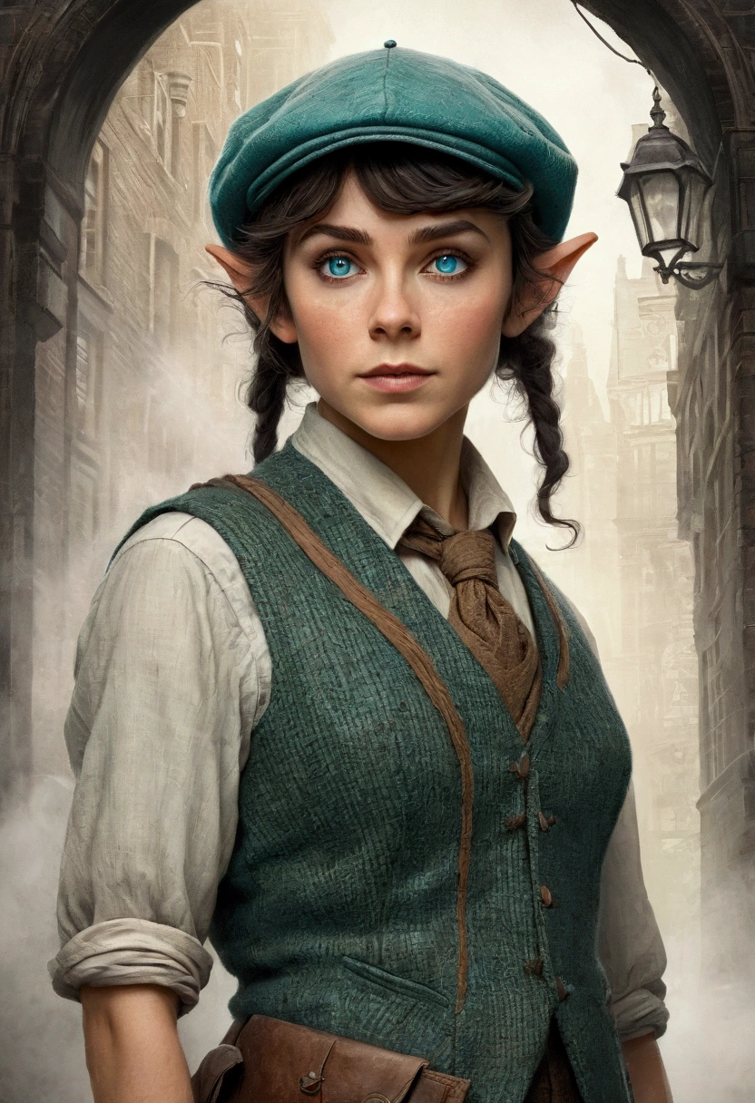 An illustrated movie poster, hand-drawn, full color, an elven maiden, wearing a tweed vest and a newsie cap, tall, toned, amazonian stature, athletic hourglass figure, long pointy elf ears, cyan eyes, dark hair, shaggy bob cut, deep sun-tanned skintone, freckles, standing on a foggy Victorian-era street corner, graphite shading, stencil marks, airbrushed acrylic paint, masterpiece, in the style of Sherlock Holmes, elf ears