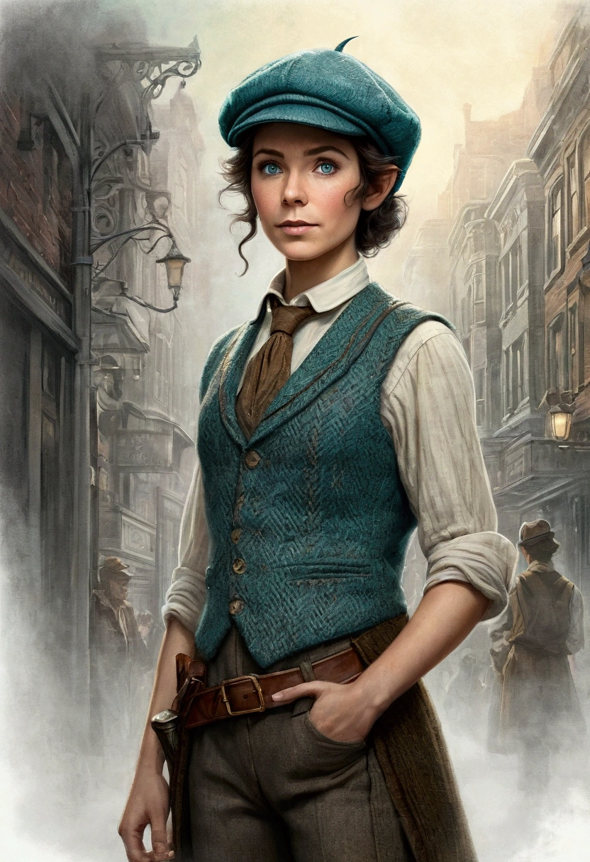 An illustrated movie poster, hand-drawn, full color, an elven maiden, wearing a tweed vest and a newsie cap, tall, toned, amazonian stature, athletic hourglass figure, long pointy elf ears, cyan eyes, dark hair, shaggy bob cut, deep sun-tanned skintone, freckles, standing on a foggy Victorian-era street corner, graphite shading, stencil marks, airbrushed acrylic paint, masterpiece, in the style of Sherlock Holmes, elf ears