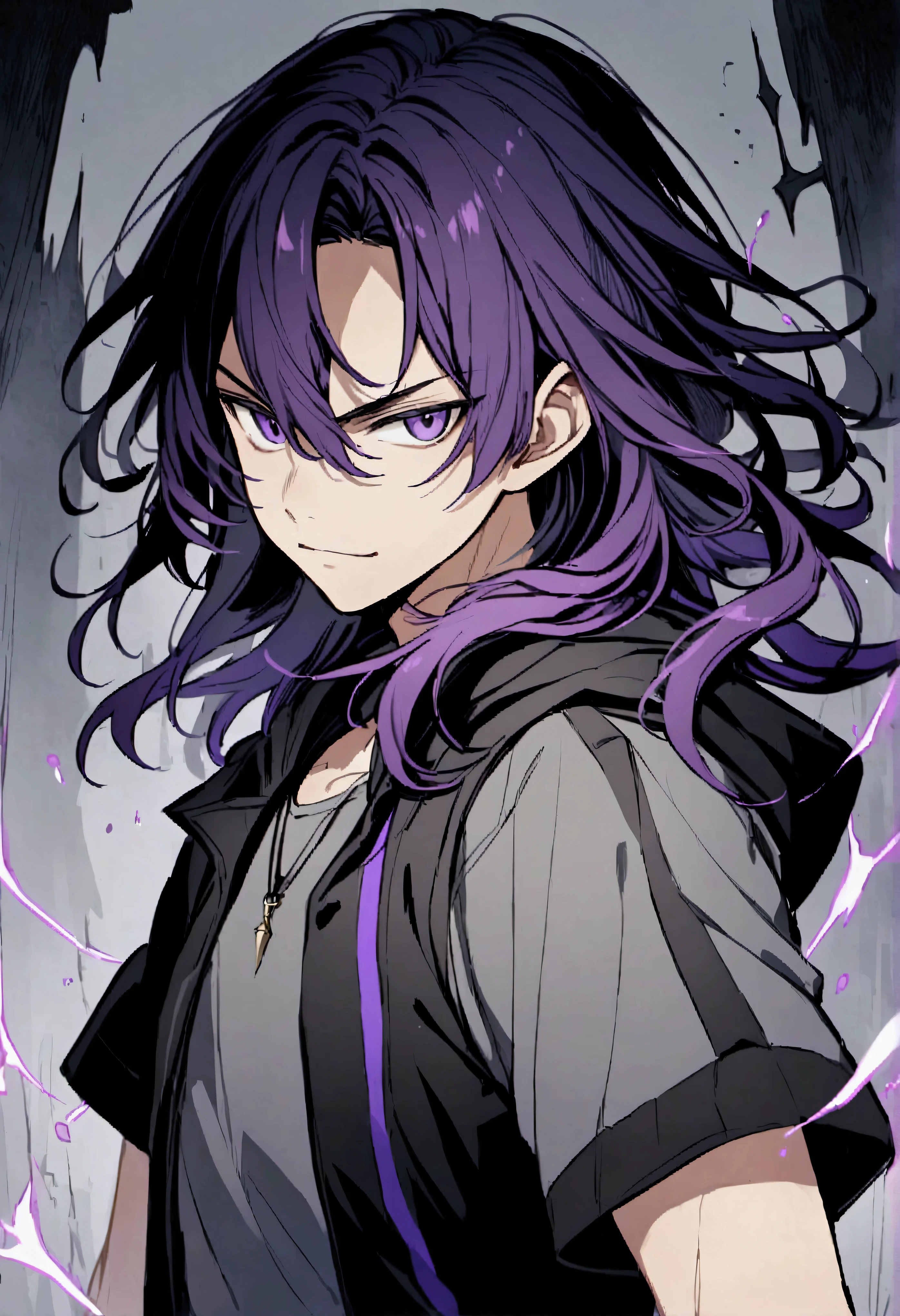 teenage boy, tidy hair, medium length hair, multicolored black and purple hair, middle stripe, dark purple eyes, serious face, simple smile, gray shirt, loose black short sleeve overcoat.