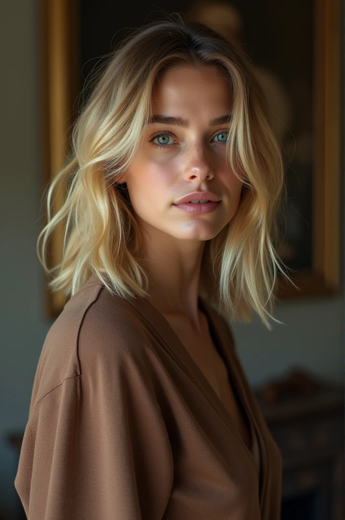 a beautiful woman with medium blonde hair, detailedeyes, nase, and lips, Face without makeup, wearing simple clothes, standing in your living room, (best qualityer,4K,8k,high resolution,work of art:1.2),ultra detali,(realisitic,photorealisitic,photo-realisitic:1.37),HDR,studio lighting,extremely detailed face and body, portraite,cinematic lighting,dramatic lighting,warm color tones,dramatic colors